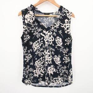 Ann Taylor Blouse Sleeveless V Neck Navy Cream Floral Print Workwear Size Medium
